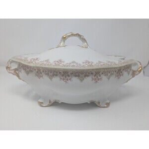 Antique Wm Guerin Limoges France Covered Tureen Pink Floral Gold 13" Handles